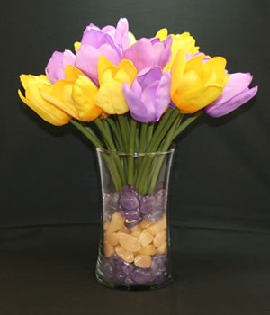tulips with quartz and amethyst vase filler